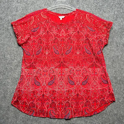 Buy Lucky Brand Shirt Women 2X Red White Paisley Faux Stitch Back Slit Festival Boho • 22.75£