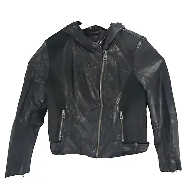 Buy Guess Women's Size XL Black Faux Leather Zip Long Sleeve Hooded Biker Jacket • 56.65£