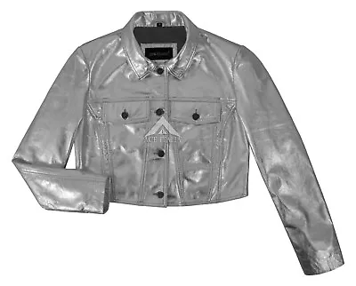 Buy Ladies Metallic Leather Slim Fit Biker Cropped Short Body Denim Style Jacket • 95.97£