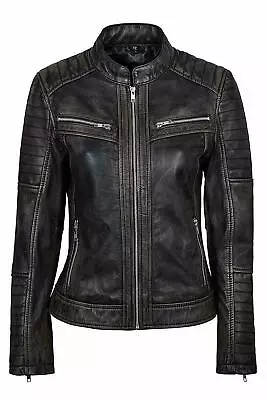 Buy Women's Genuine Lambskin Leather Jacket Black Slim Fit Biker Motorcycle Jacket • 99.21£