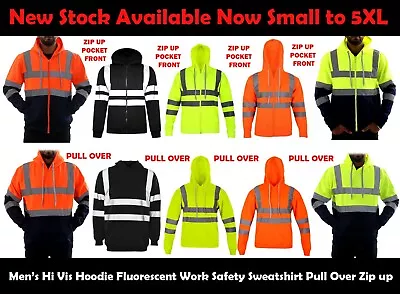 Buy New Mens Hi Vis Hoodie Fluorescent Work Safety Sweatshirt Pull Over Zip Pocket • 17.99£