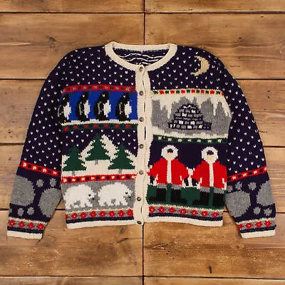 Buy Vintage Cardigan L 80s Christmas Winter Animals Womens Button Roundneck Wool • 52.64£
