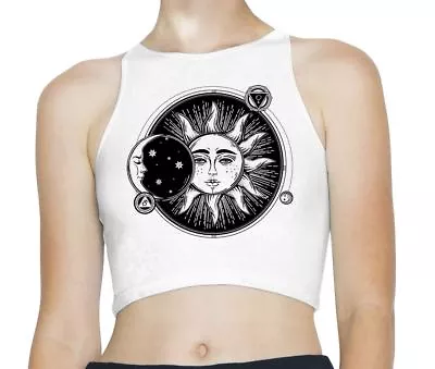 Buy Sun And Moon Eclipse Tattoo Hipster Sleeveless High Neck Crop Top • 12.95£