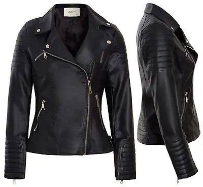 Buy Womens Faux Leather Quilt Biker Jacket Black PU Coat Size 8 10 12 14 6 New • 34.95£