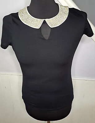 Buy Henry Holland Peter Pan Stud Collar Black Short Sleeve T-shirt Top Women Size 10 • 20£