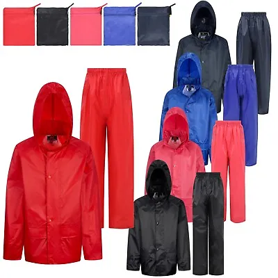 Buy Childs Waterproof Suit Jacket + Trousers Rain Set Kids Childrens Boys Girls Hood • 13.69£