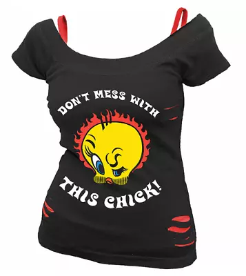 Buy Looney Tunes Tweety Pie - Tough Chick - 2in1 Red Ripped Womens Top • 12.99£