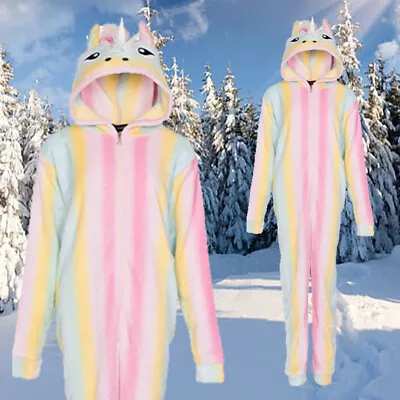 Buy Girls Jumpsuit  Womens Jumpsuit Rabbit Unicorn Rainbow Fleece Hooded Pajamas • 11.99£