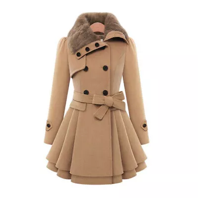 Buy Elegant Women Ladies Fur Collared Winter Long Peacoat Coat Trench Outwear Jacket • 24.49£