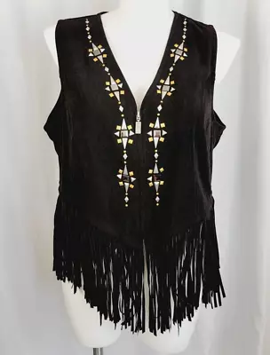 Buy Bob Mackie Black Vest Womens Sz XL Studded Fringe Faux Suede Boho Festival Rodeo • 16.95£