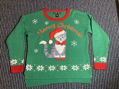 Buy Cat Kitten LARGE Women’s Ugly Sweater Meowy Christmas Xmas Green Grey Bells • 13.30£
