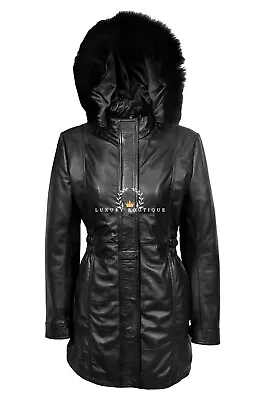 Buy Juliet Black Ladies Smart Fur Hooded Designer Lambskin Leather Jacket Long Coat • 139.99£