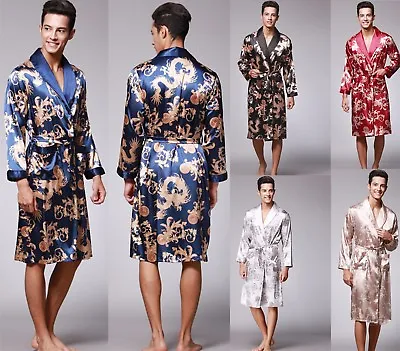 Buy Mens Satin Silk Pajamas Kimono Bathrobe Robe Dressing Gown Sleepwear Loungewear • 18.49£
