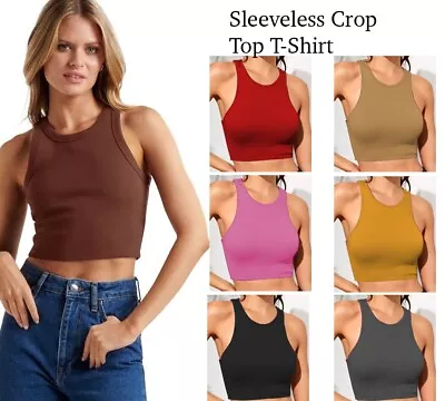 Buy New Women's Stretchy Crop Tops Ladies Plain Blouse Sleeveless Vest T-Shirt Racer • 3.95£