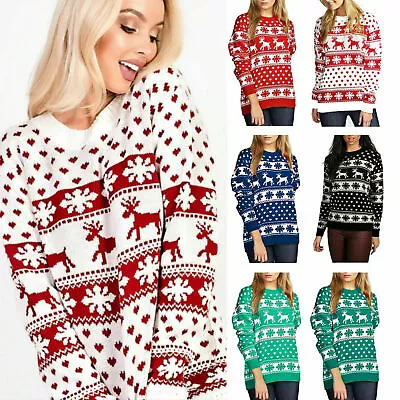 Buy Women Ladies Novelty Xmas Reindeer Snowflakes Christmas Knitted Sweater Jumper   • 11.49£
