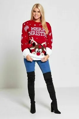 Buy Women Merry Christmas Reindeer Pom Pom Knitted Jumper Novelty Sweater Pullover • 15.99£