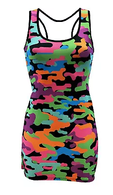 Buy Women's Rainbow Multi Camo Camouflage Print Long Vest Top Bodycon Funky Rave • 21.99£