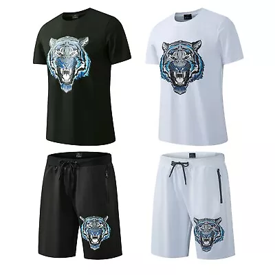 Buy New Mens Cotton T Shirt + Polyester Shorts Set TIGER PRINT Tracksuit Summer • 14.99£