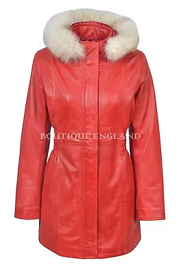 Buy Ladies Real Leather Jacket Red Napa Classic Mid Length Fur Hooded Coat Celia • 129.72£