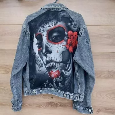 Buy Reworked Vintage Denim Jacket With Day Of The Dead Lady On Back Size Med • 39.99£