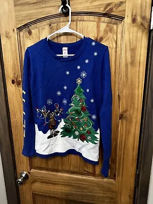 Buy HOLIDAY TIME  Let It Glow  Reindeer Snow Christmas Blue Knit Sweater Top Size L • 21.69£