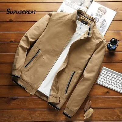 Buy Spring Autumn Stand Collar Solid Male Men Cotton Jacket Windbreaker Bomber Coat • 40.06£