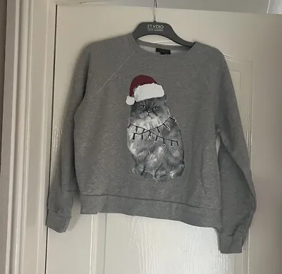 Buy TOPSHOP Grey Christmas Cat Jumper Sweatshirt Size 14 • 16.99£