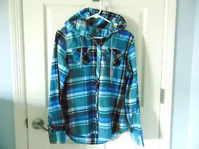 Buy EMPYRE Shirt Womens Blue Hoodie Skater Plaid Button Flannel Size Large (C) • 6.80£