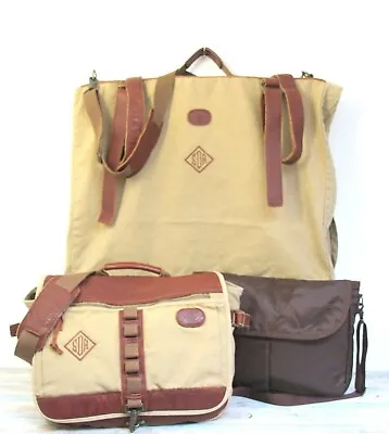 Buy SET 3pc SOA BROWN LEATHER BEIGE CANVAS Full Size Garment Bag+ Soulder Bag+Pouch  • 120.63£