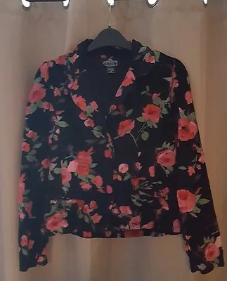 Buy Angie Womens Floral Jacket Black Size Medium Pure Cotton Roses Design Collared  • 7.99£