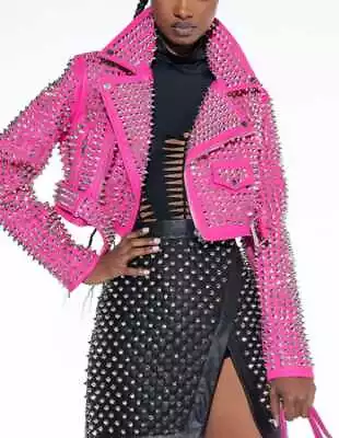 Buy New Women Pink Full Heavy Metal Silver Spiked Studded Punk Chic Leather Jacket • 240.48£