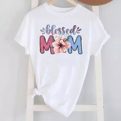 Buy BLESSED MOM Pink Flower Logo Printed Round Neck Short-Sleeve T-Shirt Gift Size L • 18.94£