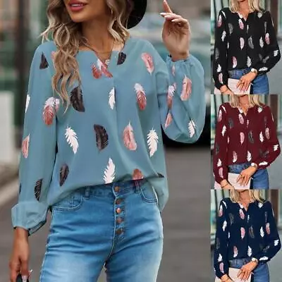 Buy Womens Plus Size Summer T Shirts Feather Print Blouse Ladies Long Sleeve Tops UK • 4.79£