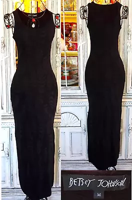 Buy Vintage Betsey Johnson 90s Black Raised Leaf Print Stretch Long Maxi Dress Med • 168.12£