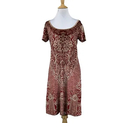 Buy Lucky Brand Holly Hock Velvet Dress Womens XS Red/Tan Mandala Scoop Neck Shift • 32.77£