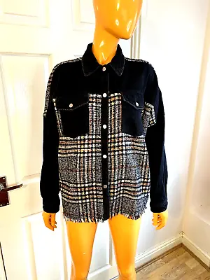 Buy Zara Black Check Raw Hem Denim Contrasting Wool Blend Jacket Size Small • 19.99£