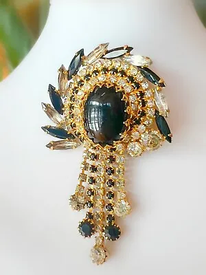 Buy Schreiner Style Dogtooth Prong Black Cabochon Brooch Rhinestone Dangle Unsigned • 178.60£