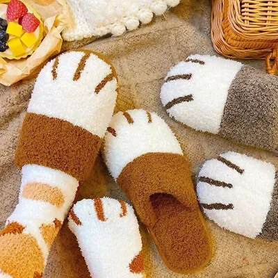 Buy Women Men Faux Fur Fluffy Slip On Slippers Furry Lined Flats Shoes Cat Paws • 22.18£