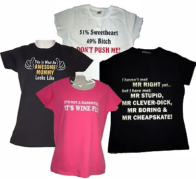 Buy Ladies Fitted T-Shirts Wine Flu / Mr Right / Sweetheart-Bitch Clearance • 4.50£