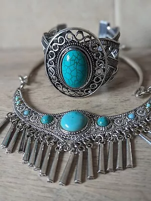 Buy Boho Festival Jewellery Set Silver Coloured Turquoise Stone Necklace Bracelet  • 8£