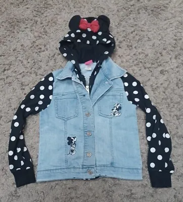 Buy Girl's Disney Jr. Minnie Mouse Hooded Denim Jean Jacket Black White Dots Size 6x • 9.64£