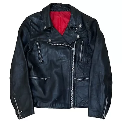 Buy Vintage Leather Biker Jacket Women’s Red Lining 10/12 Black Motorcycle  • 45£