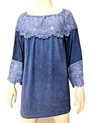 Buy Soft Surroundings Sz L Denim Indigo Knit Tunic Peasant Blouse Top Shirt Lace EUC • 24.01£