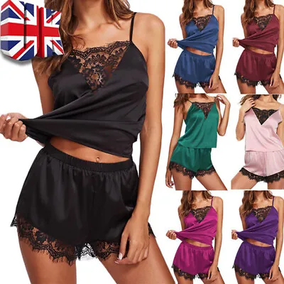 Buy Women Satin Silk Lace Cami Vest Short Lingerie Ladies Pyjamas Set Sleepwear PJs • 5.49£