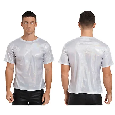 Buy Mens Shiny Metallic Undershirt Short Sleeve Round Neck T-shirt Sparkle Clubwear • 12.59£