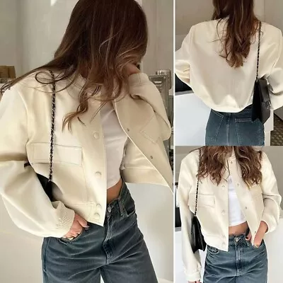 Buy Spring Crop Lapel Jacket For Women With Solid Long Sleeve And Button Closure • 23.26£