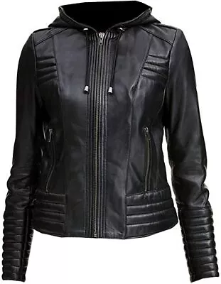 Buy Women Biker Slim Fit Hooded Black Lambskin Motorcycle Leather Jacket • 96.06£