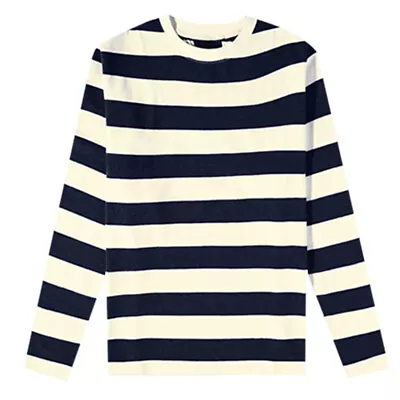 Buy Mens Long Sleeve Stripe T-Shirt New Casual Classic Fit Crew Round Neck Tee Tops • 6.96£
