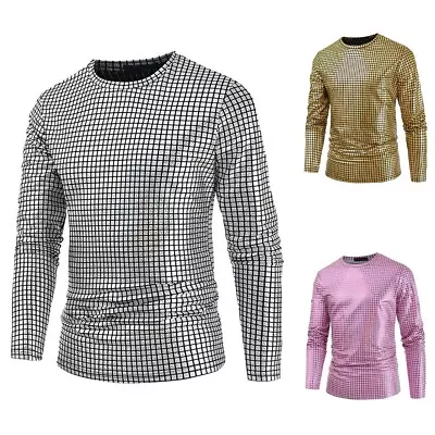 Buy Radiate Confidence With Men's Plaid Disco Shirt Sequin Long Sleeve Tee • 20.50£