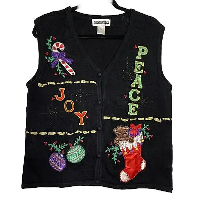 Buy Theme Works Woman’s XL Ugly Christmas Button Sweater Vest Peace Joy Embroidered • 21.18£